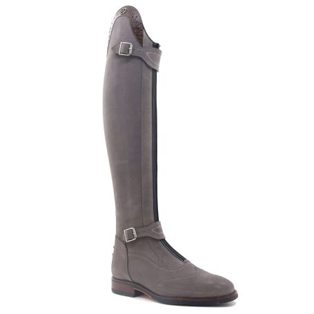 Chester Paris boot in grey suede with brown ostrich top and top and bottom straps
