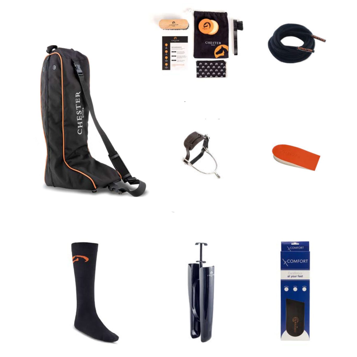 Chester Boots accessories : boot bag, spur straps, boot care kit, riding boot laces, heel risers Accessories for riding boots UK, long riding boot bag, riding boot care kit, spur straps, riding boot laces, heel risers, boot trees