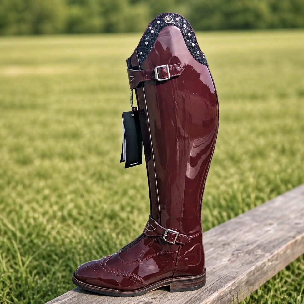 Chester Paris Boot in Bordeaux Patent with black glitter top and crystals inlaid.