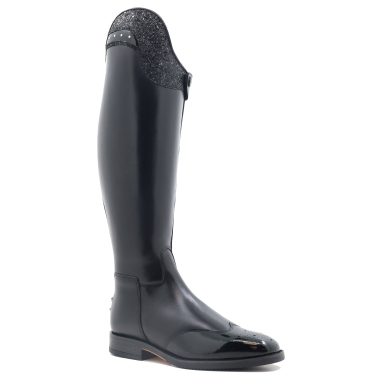 Chester Aachen boot with a plain black leather leg, patent toe and detailing, glitter top with crystals