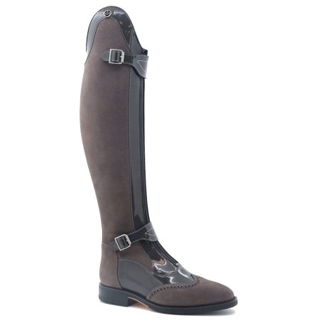 Chester Paris boot in brown suede and brown patent with top and bottom straps